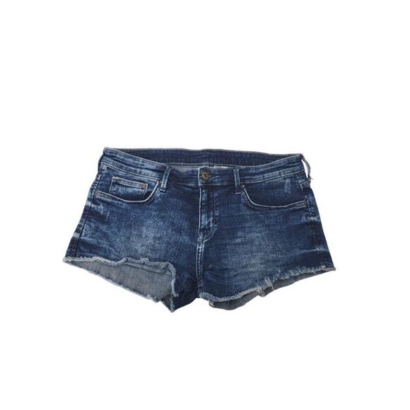 H&M Denim Shorts 8 Women's Dark Wash Raw Hem Distressed Bottoms - Picture 1 of 6